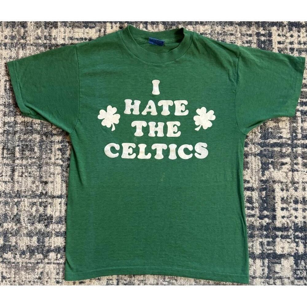 80S I Hate The Boston Celtics Flock Print T Shirt   Lakers